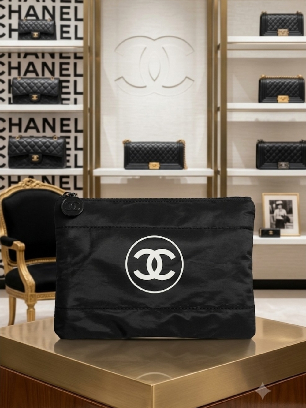 CHANEL GWP/VIP Black Nylon Cosmetic Pouch with White CC Emblem-NEW!